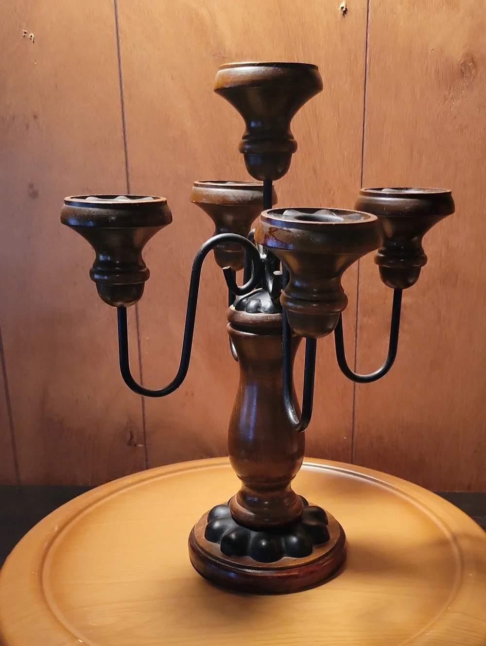 Cottagecore Five-Arm Wood and Metal Candle Holder in Brown